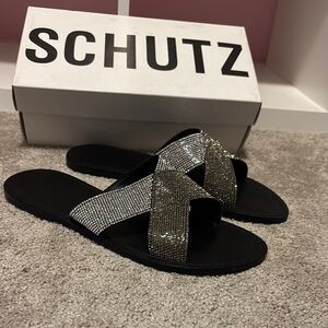 SCHUTZ Black and Silver Strappy Sandals